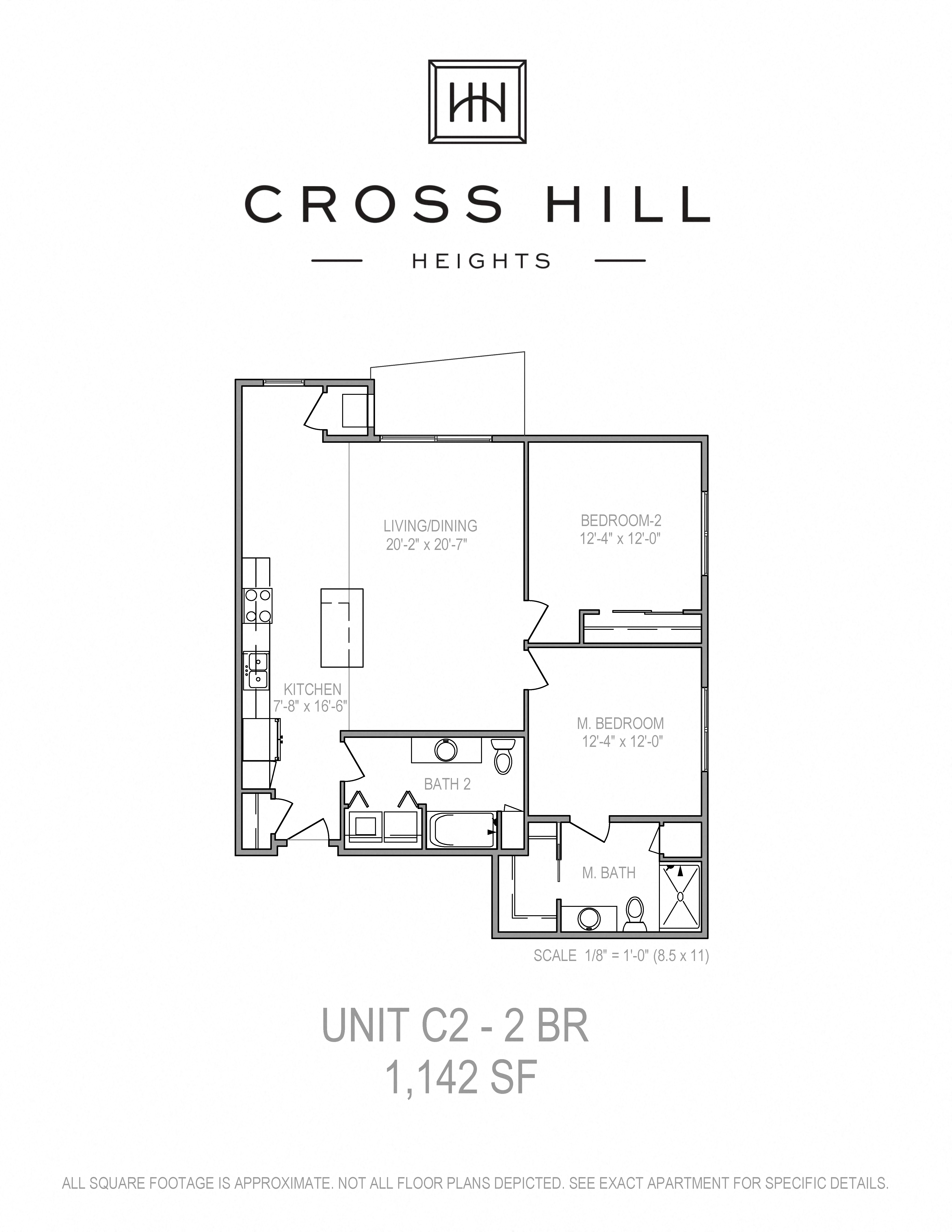 Floor plan for 2 beds, 2 baths, 1142 sqft